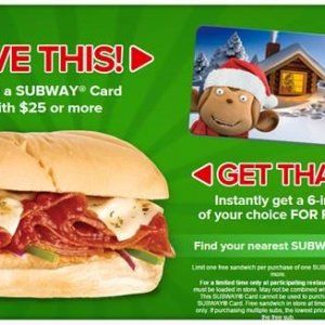 Subway 买$25卡免费送三明治