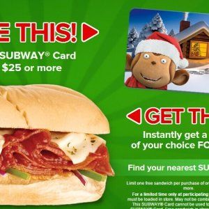 Subway买$25礼物卡送6" 三明治
