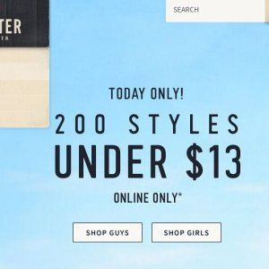 仅限今天！Hollister200种款式仅需$13或更低