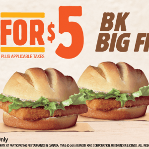 Burger King鱼肉汉堡两个$5
