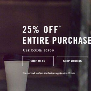 A&F休闲名牌折上折！全单额外25%折扣