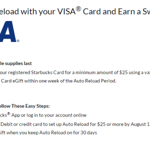 星巴克转VISA卡自动增值送$10