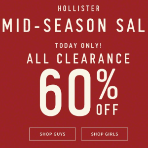仅此一天！Hollister季中特价 60%OFF