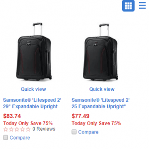 新秀丽25寸行李箱$77.49，29寸$83.74