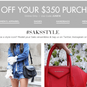 名品店Saks Fifth Avenue消费满$350减$75