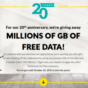 Fido 20周年庆 免费1G数据