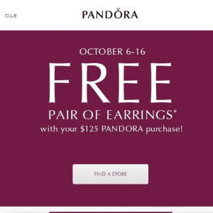 Pandora满$125送价值$60耳环一对