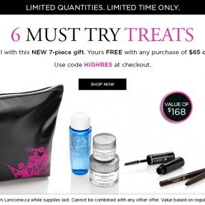 Lancome满$65送价值$168礼品