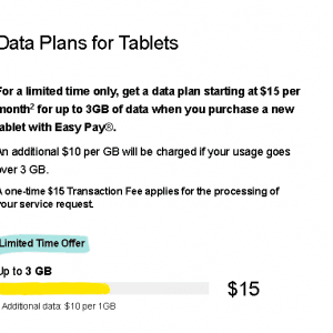 Fido平板电脑计划3G数据每月$15