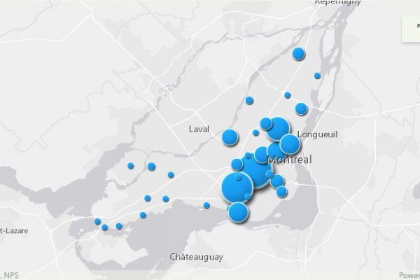 蒙特利尔和魁北克全省新冠病例分布图