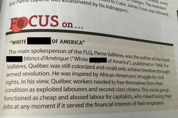 蒙特利尔高中使用的历史教科书中发现N字